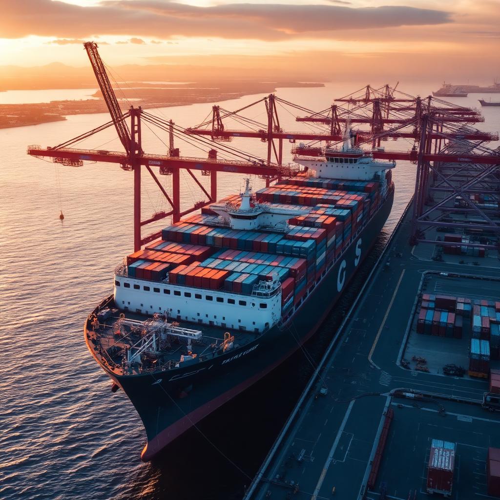 Container ship being loaded by gantry cranes at a European port at golden hour