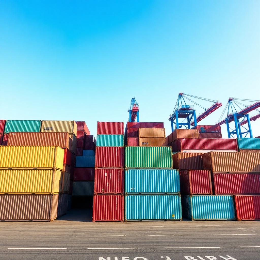 Rows of stacked colourful shipping containers in a large port terminal