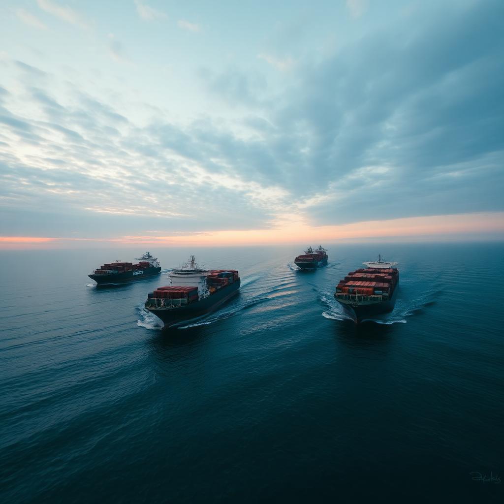 Fleet of cargo vessels and freighters crossing the open sea at sunrise