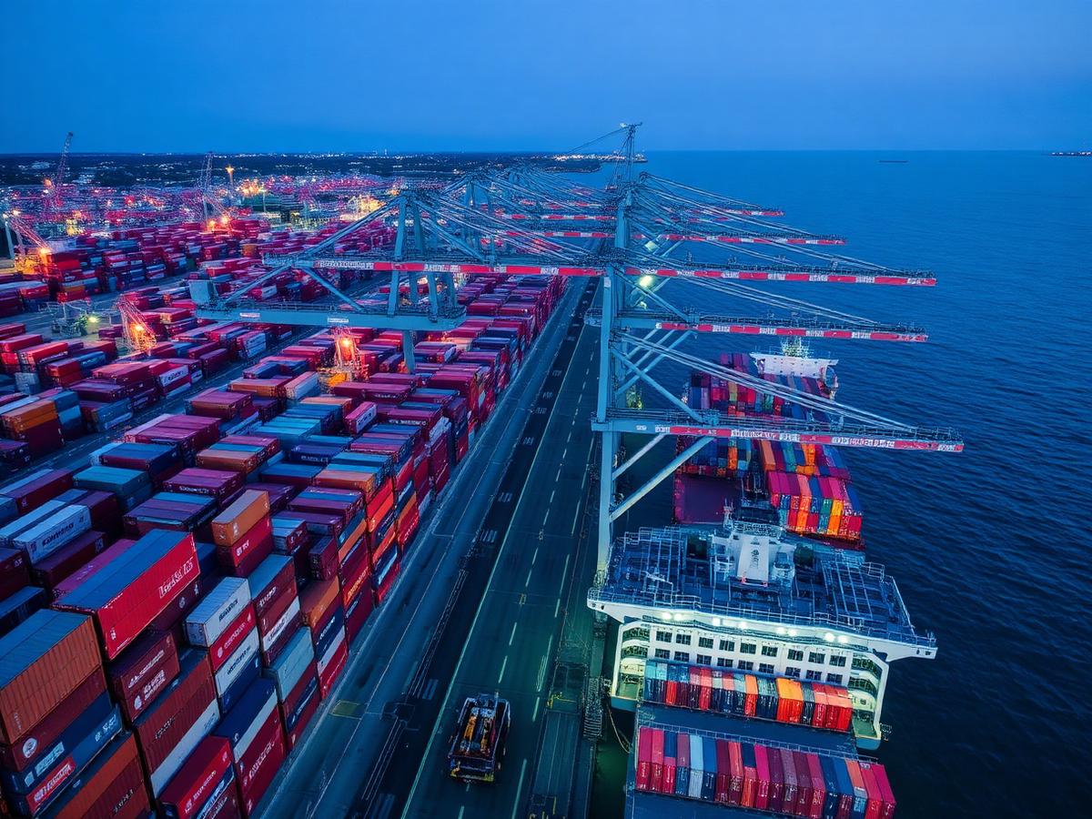 Modern container port at blue hour with gantry cranes and stacked containers
